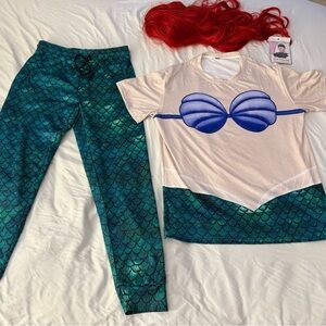 Mermaid Graphic Tee & Scaled Joggers Set with Red Wig